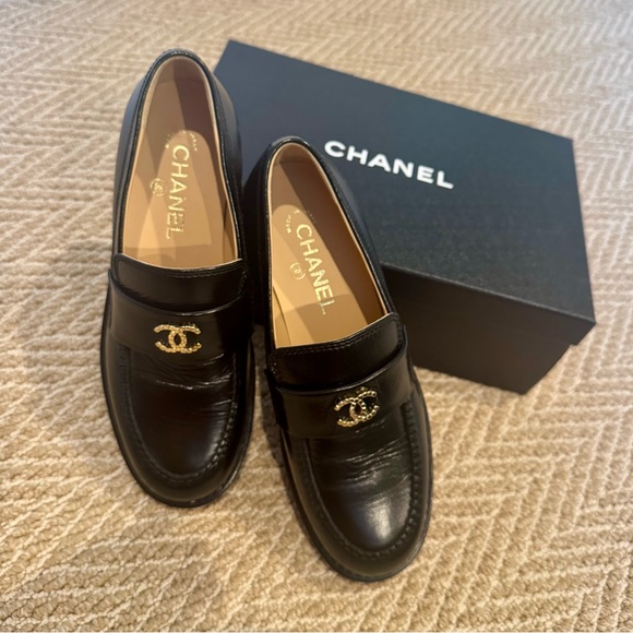 CHANEL Black Leather Loafers with Gold Logo - Picture 1 of 9